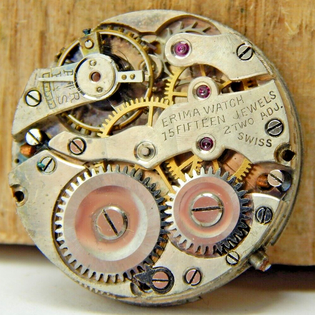 Vintage Erima openface 15 jewel 2 adjustment pocket watch movement with dial