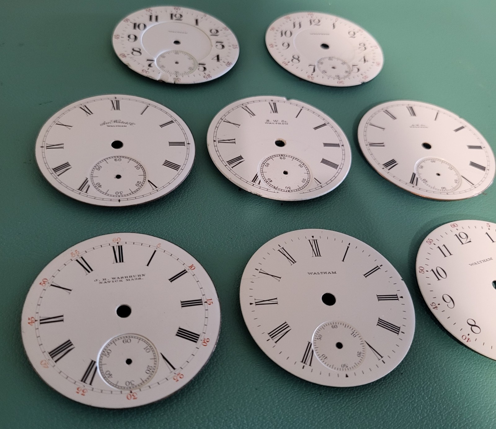 Eight 18s Waltham Enamel Dials For Parts Or Repairs