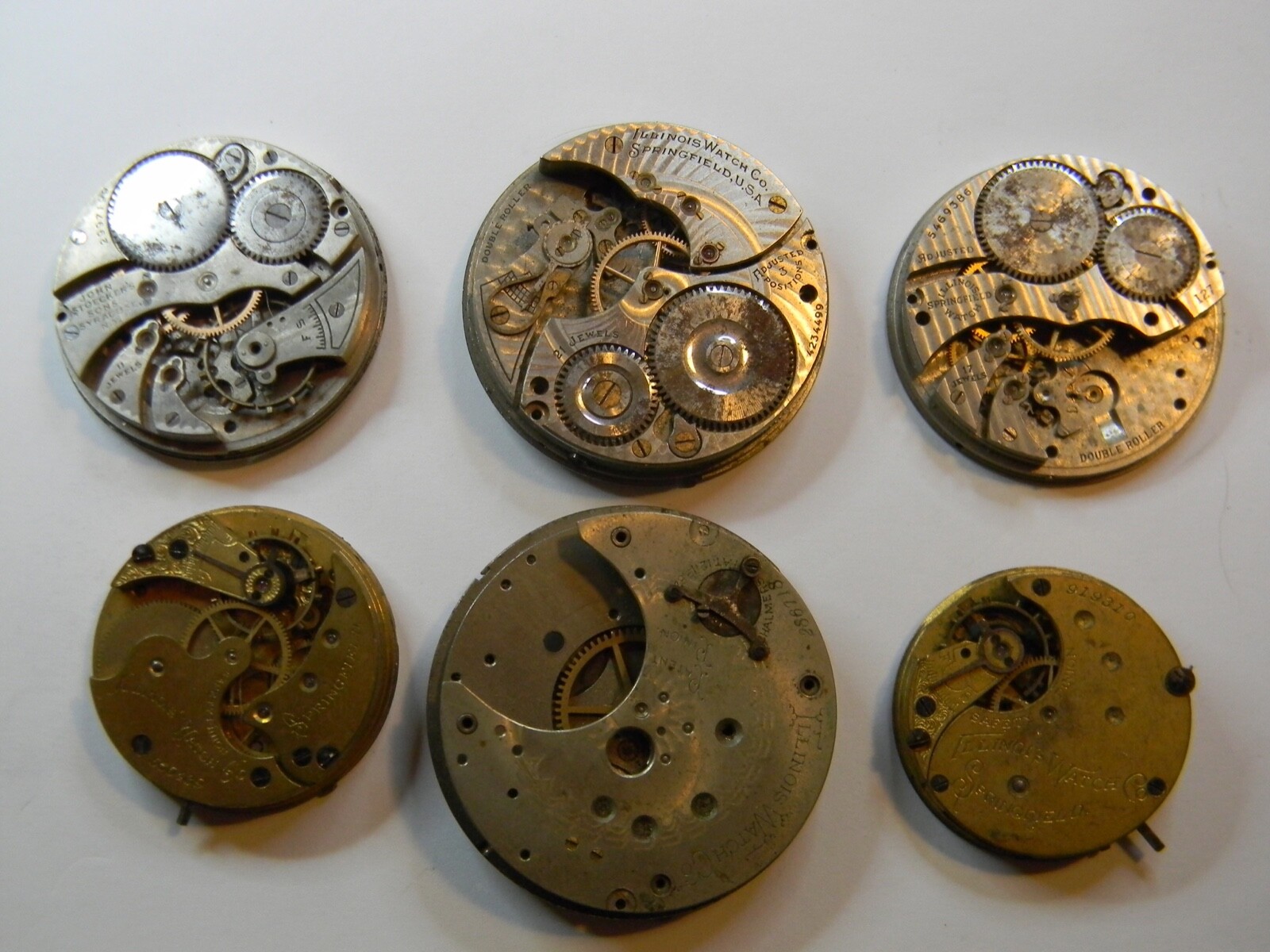 6 VINTAGE ILLINOIS 21J PRIVATE LABEL POCKET WATCH MOVEMENT LOT – PARTS OR REPAIR