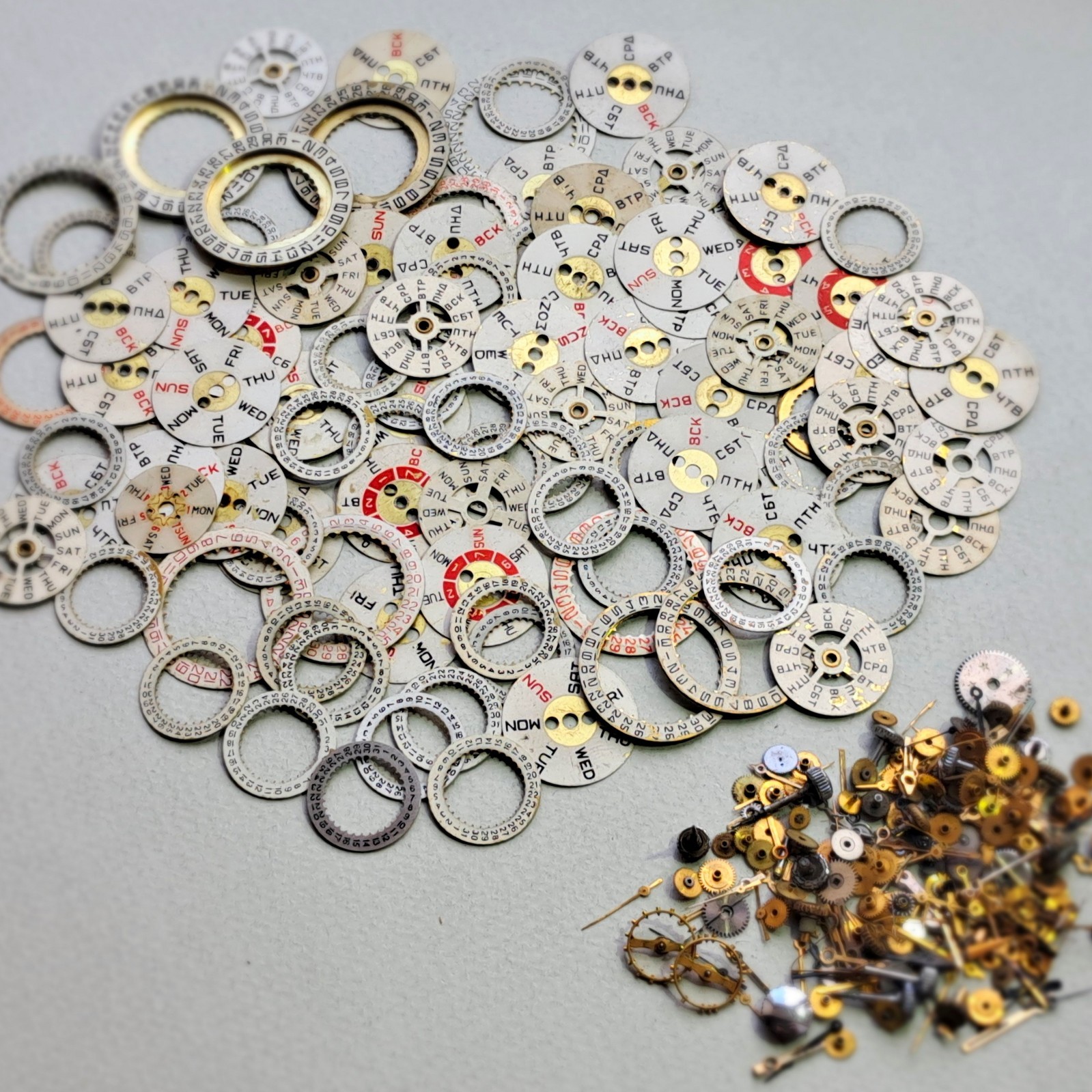 100 Vintage Watch Date Rings + Mixed Watch Parts Hands Gears Crowns Steampunk