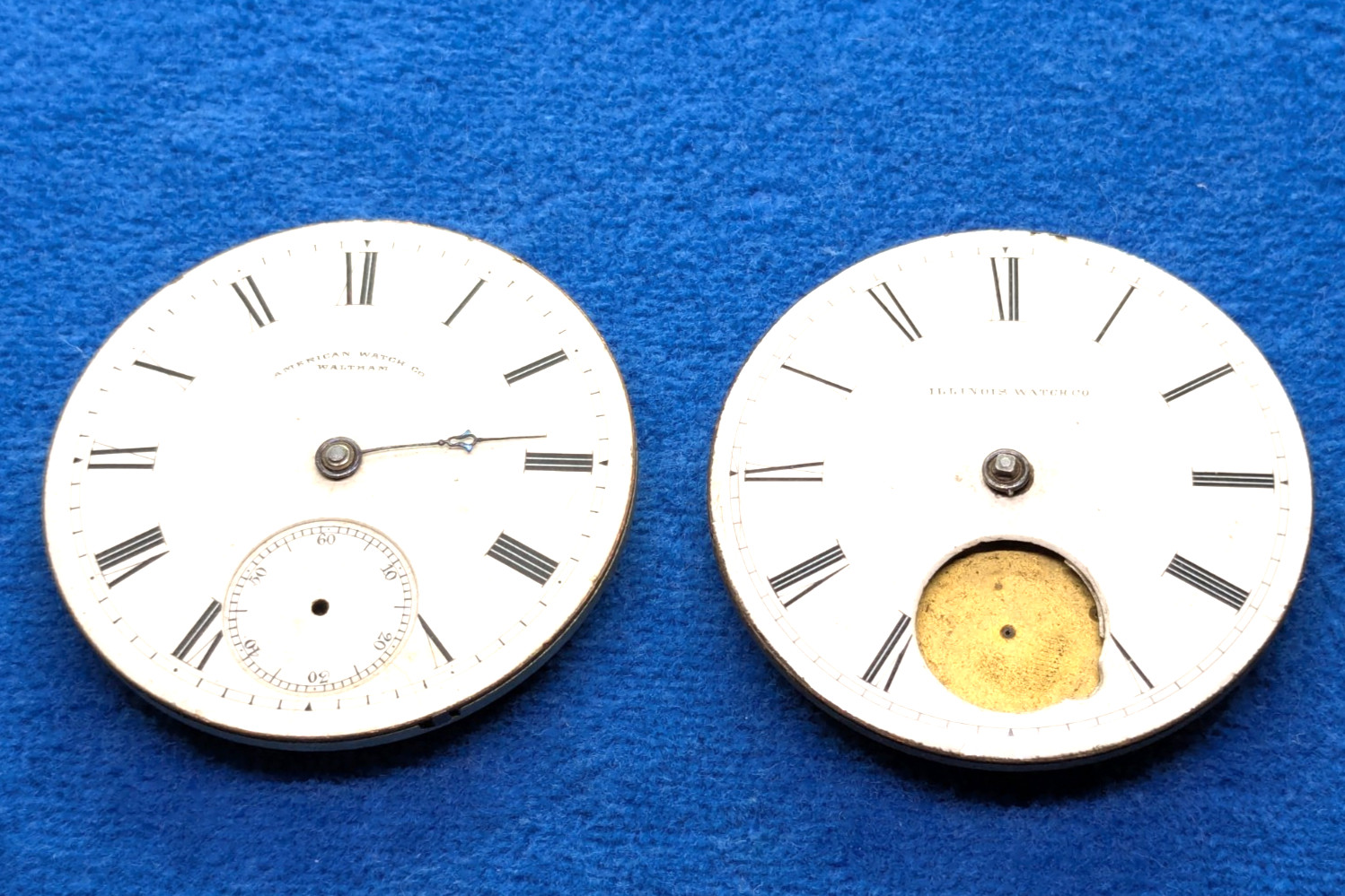 Lot of Two Vintage American Waltham & Illinois Watch Co Dials – Movements 45 mm