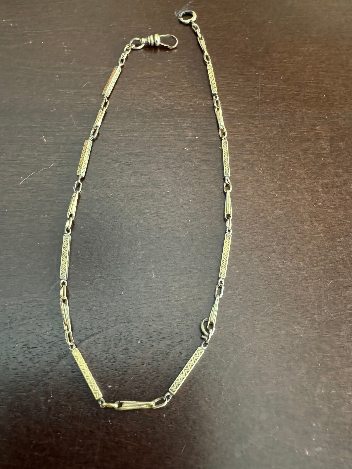 VINTAGE 14 INCH POCKET WATCH CHAIN, GREEN GOLD FILLED , NICE ETCHING