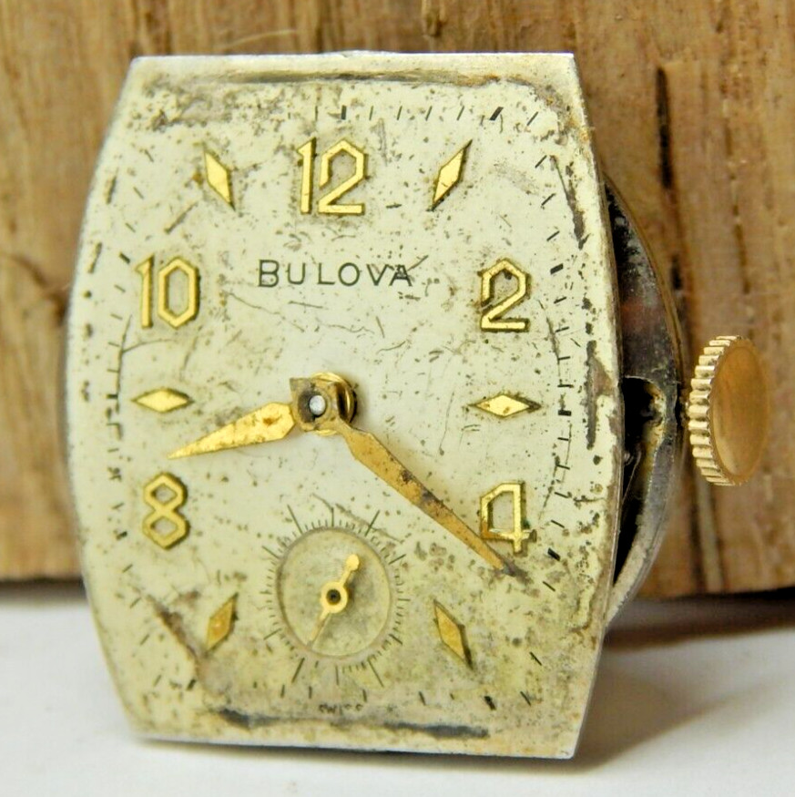Vintage 1950 Bulova 10BC 17 jewel men’s wrist watch movement with dial and hands