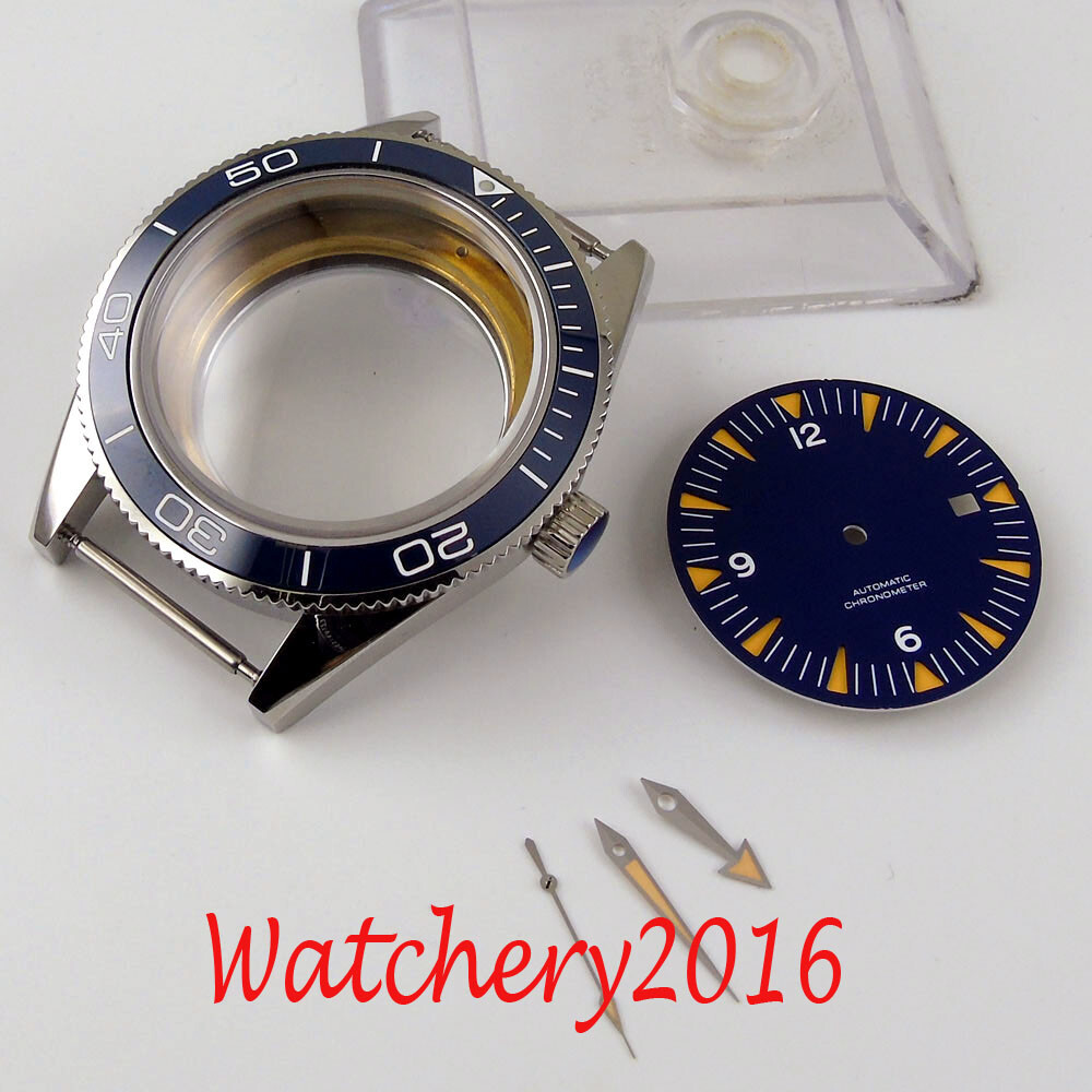 41MM Sapphire Glass Watch Case + Black Dial + hands Fit Miyota 8215 Movement