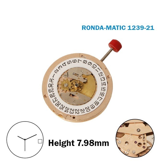 RONDA MATIC 1239-21 Swiss Automatic Movement, 3 Hands, H:7.98mm, White Disk at 3