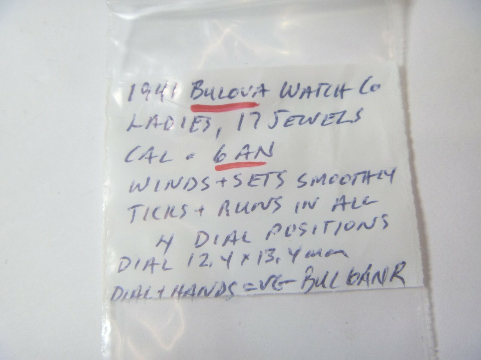 1941 Bulova Watch Co Ladies 17 Jewels Caliber 6AN Movt Dial Hands- RUNS !!