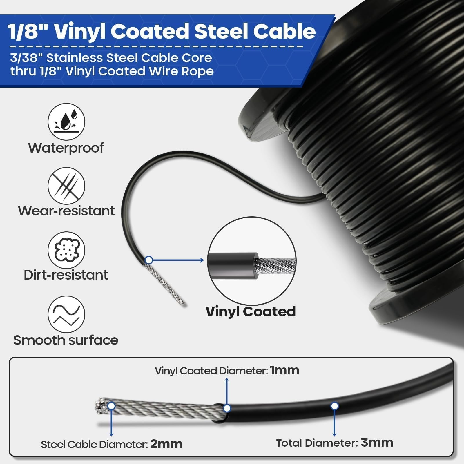 TooTaci 1/8″ Wire Rope Kit, 200FT Black Vinyl Coated Stainless Steel Cable wi…