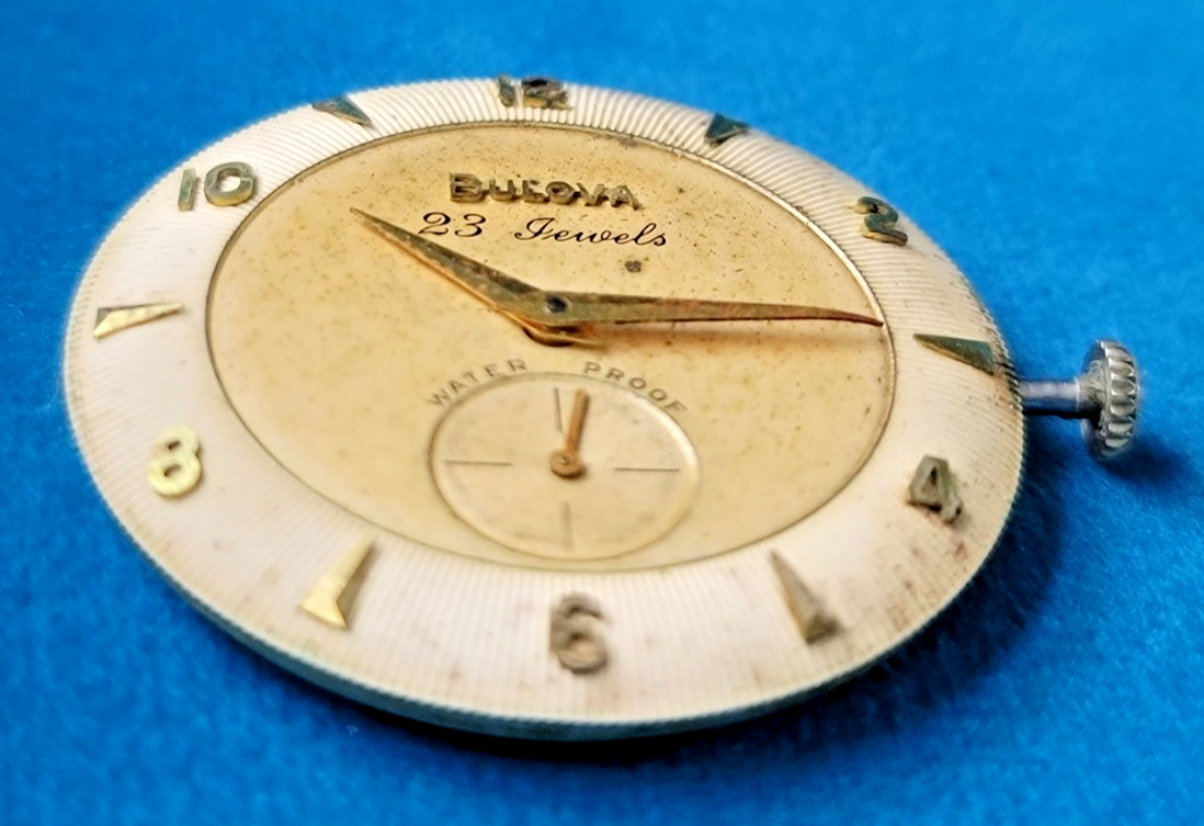 Bulova 10BP 23J 6-Adj Movement w/ Dial & 14K Gold Signed Crown – Runs – SB4g