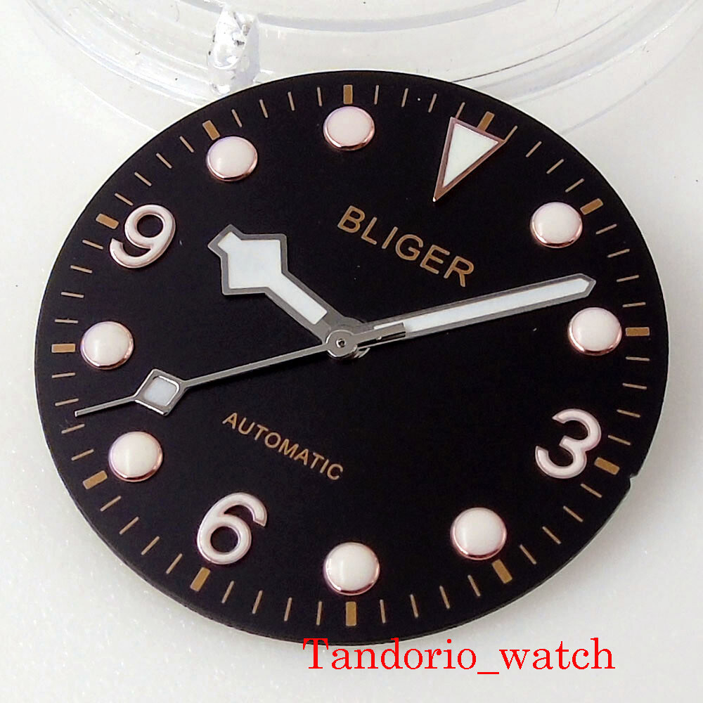 Bliger 29.2mm Black Watch Dial Snowflake Hand Fit NH35 NH36 Date Luminous Index