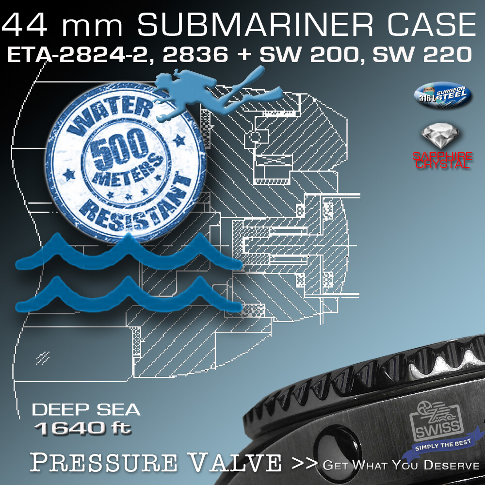SET: CASE SUBMARINER 500M,1640 FT, BLACK PVD, DIAL/HANDS/BAND, FIT ETA2824/SW200