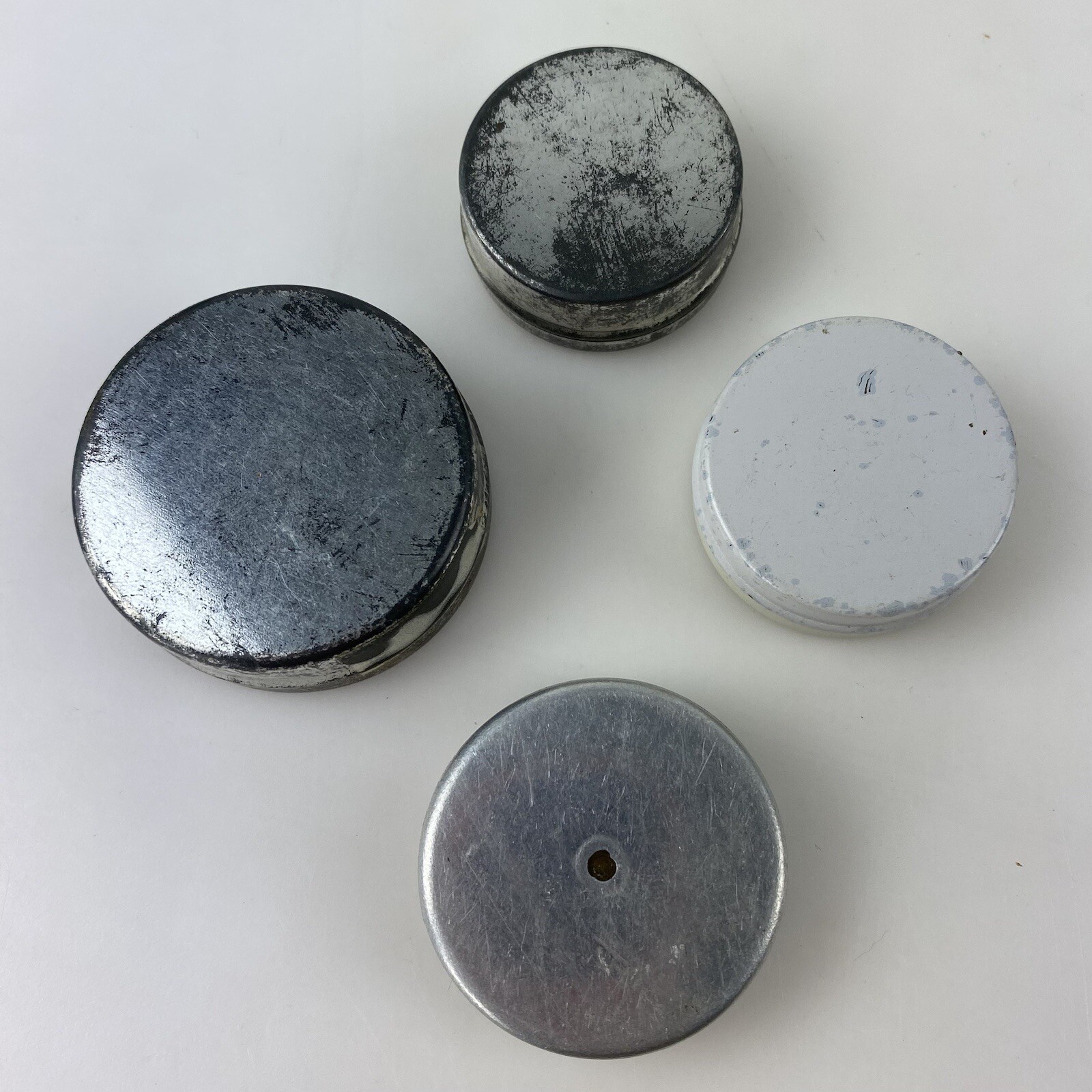 LOT 4 JEWELERS WATCH TINS Gruen Casker Katz Parts Texas Switzerland Ohio Vtg