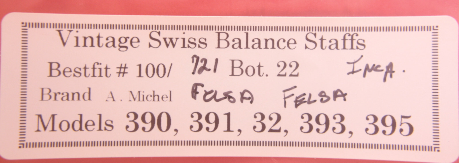 BALANCE STAFF SWISS MODEL FELSA 390, 391, 32, 393, 395, BESTFIT 100/721