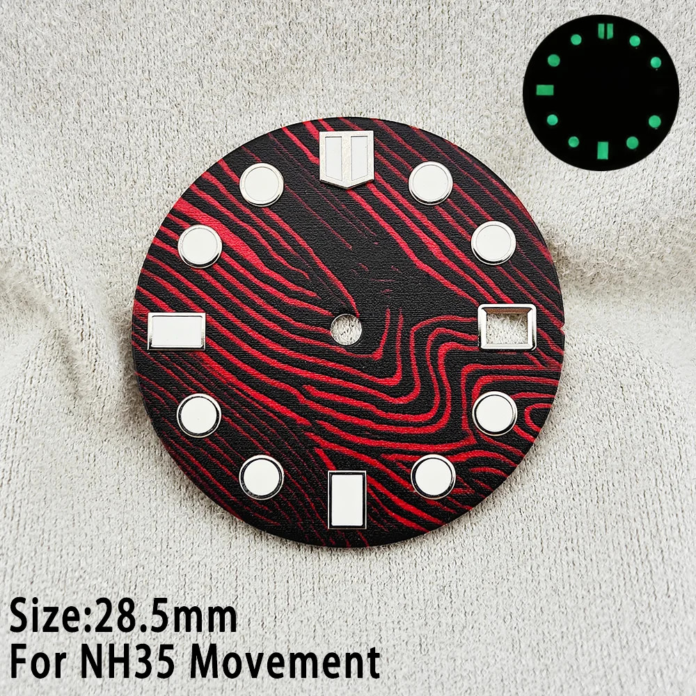 28.5mm Fish Scale NH35 Dial with Date Window C3 Luminous Red Watch Parts