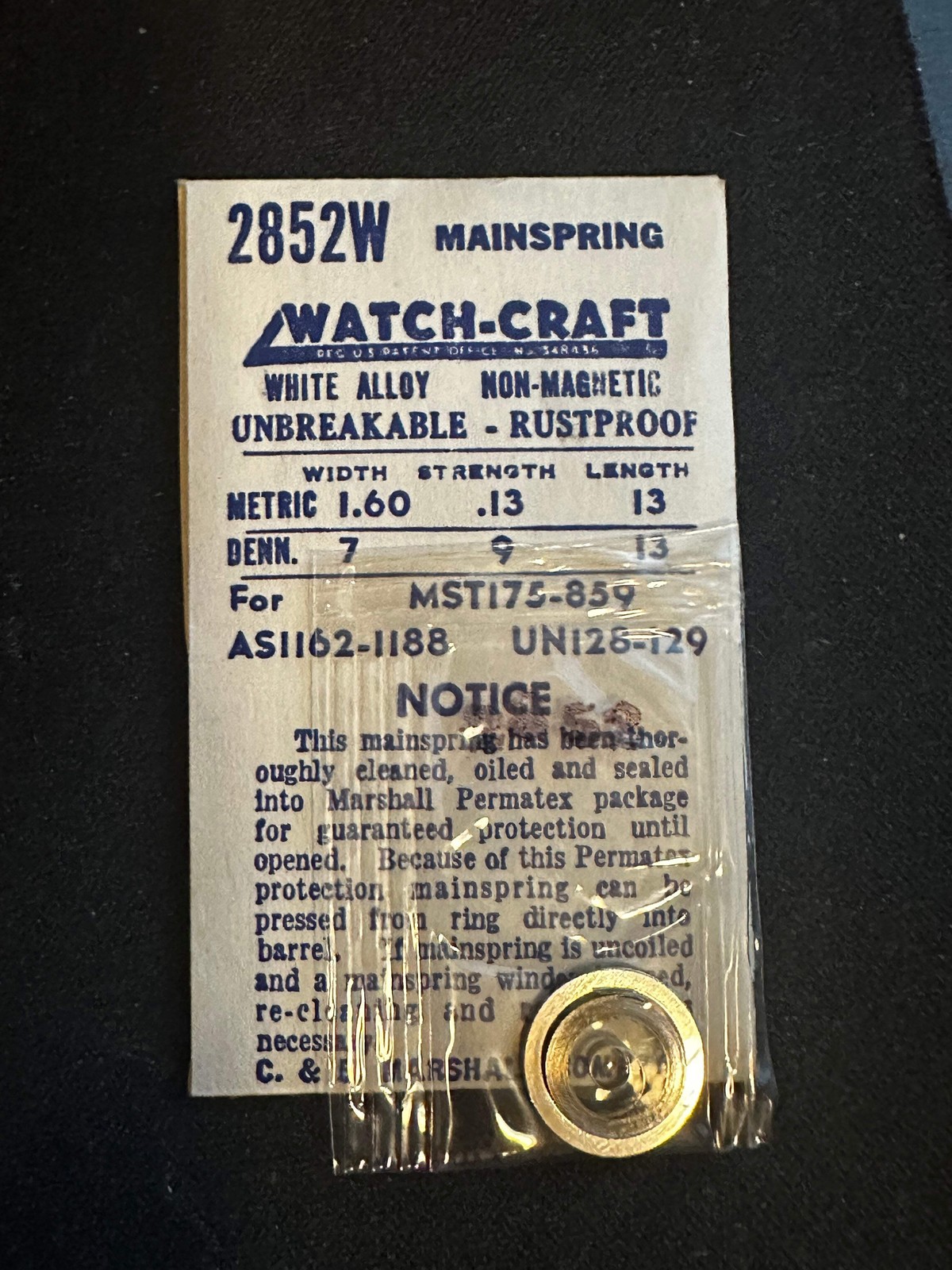 WATCH-CRAFT Mainspring 2852W for Universal 128, 129, MST 175, 859, AS 1162, 1188