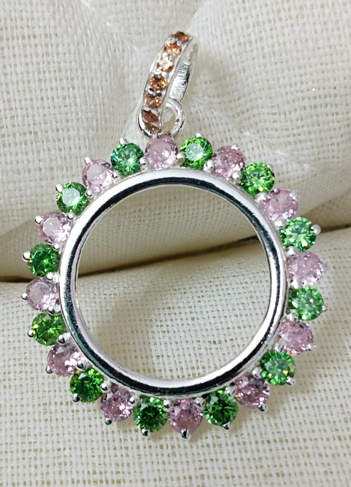 925 Sterling Silver Round Bezel Pendant Blank Green & Pink CZ Handmade Coin