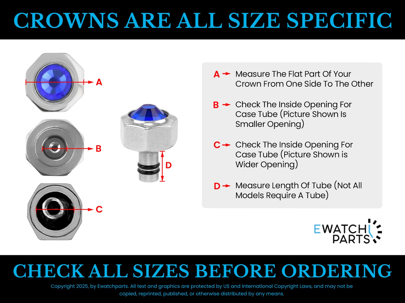1 WATCH CROWN FIT FOR MENS CARTIER SANTOS 100XL WATCH 7MM STAINLESS STEEL BLUE