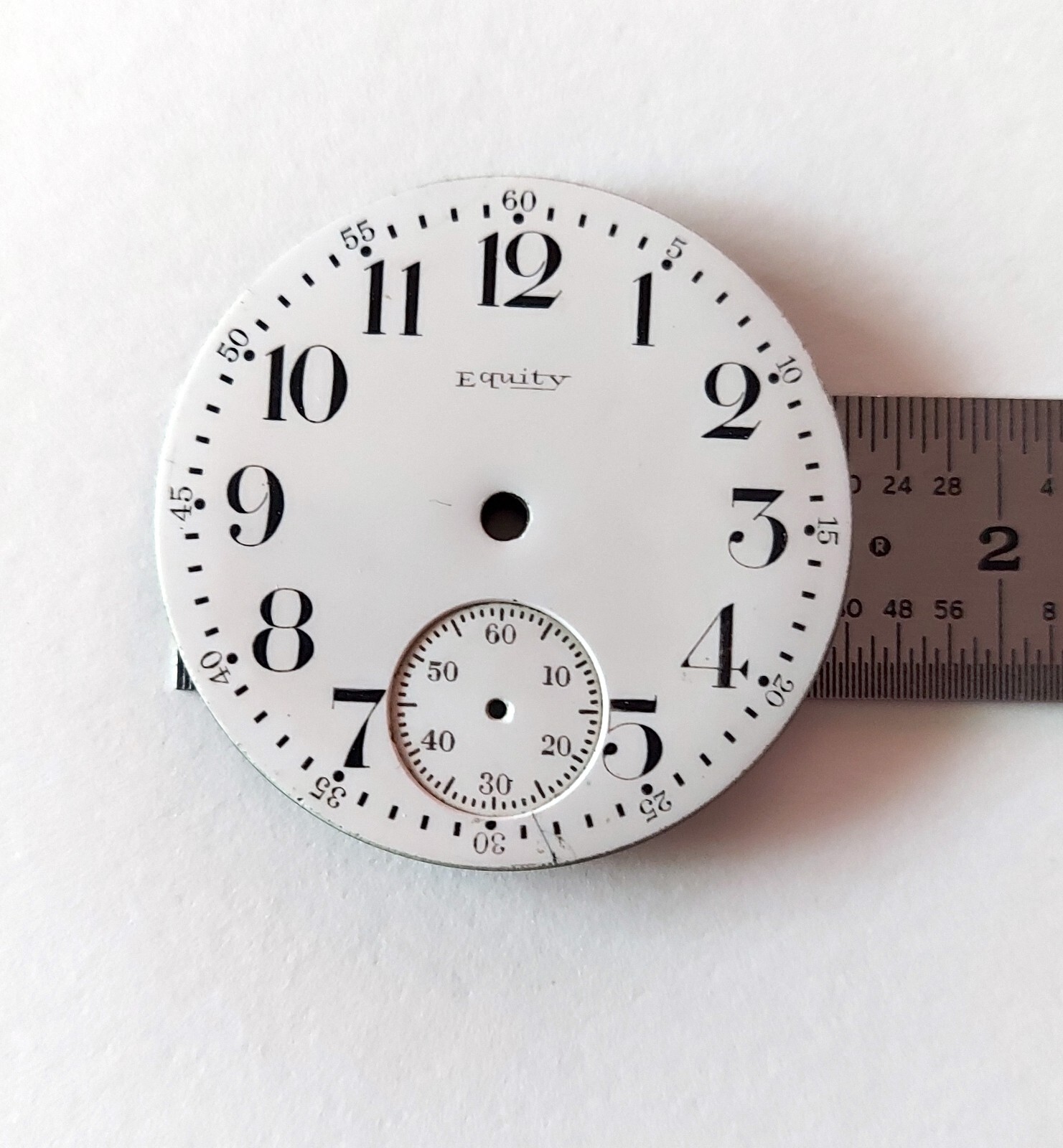 Vintage Original Pocket Watch Dial Equity 42mm 3 Feet Single Sunk White Arabic