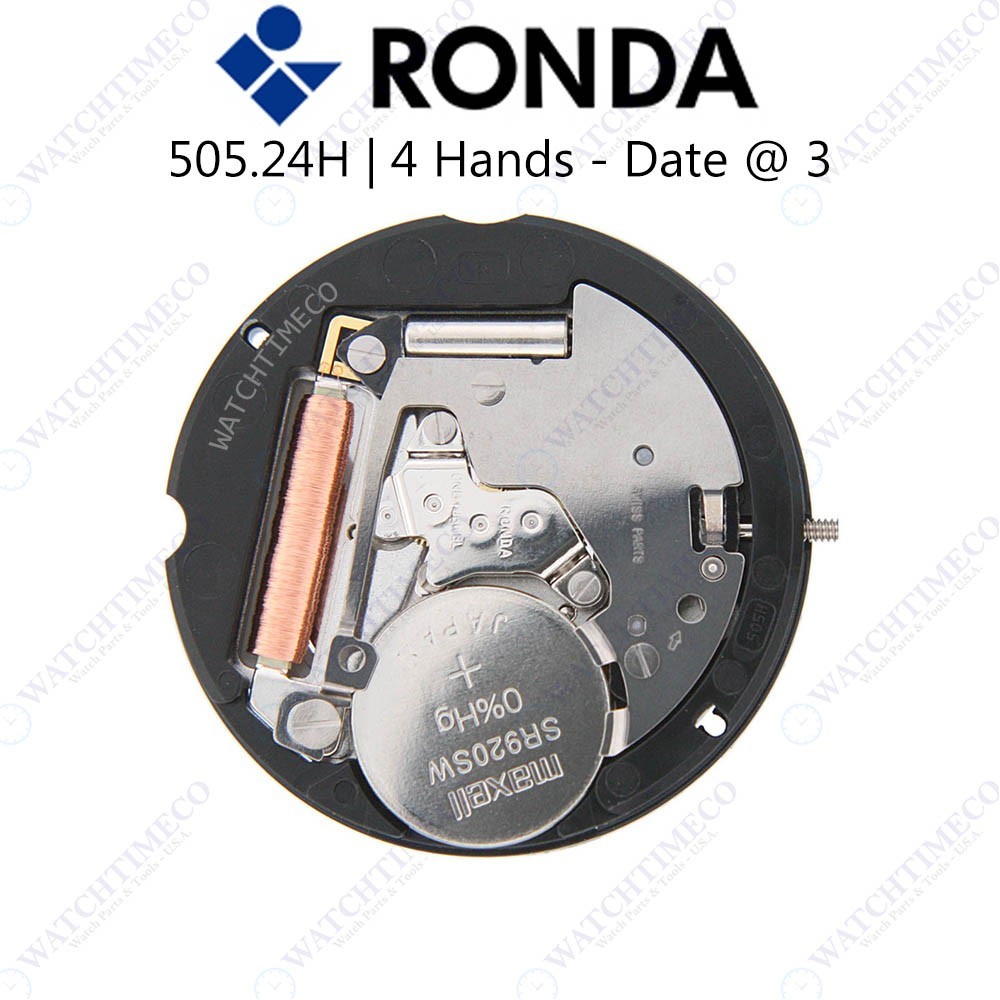 Genuine Ronda 505 24H Watch Movement Swiss Parts 4 Hands, Date at 3