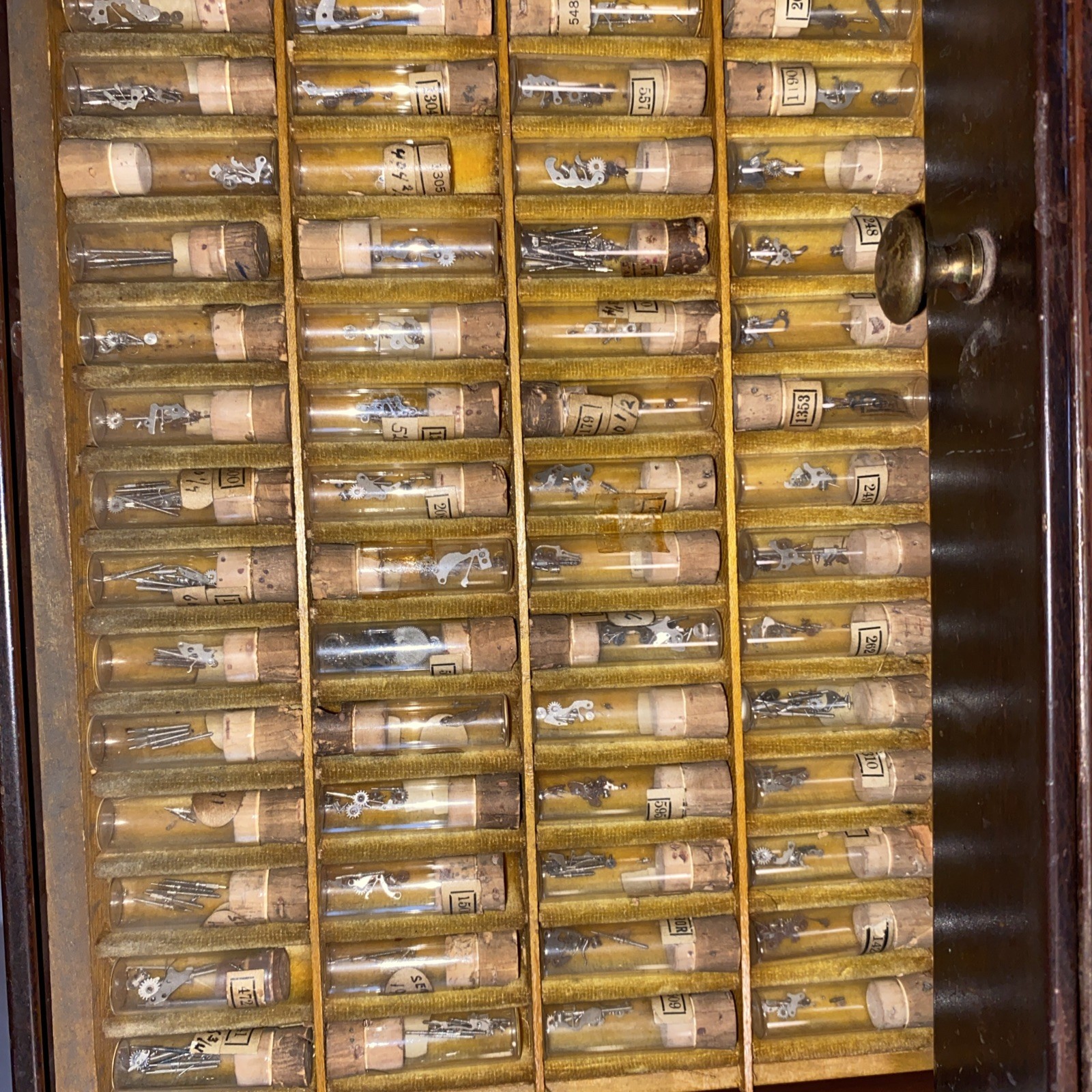 VTG SWARTCHILD & CO BOX CASE WATCHMAKER REPAIR WATCH ASSORTED PARTS GLASS VIALS