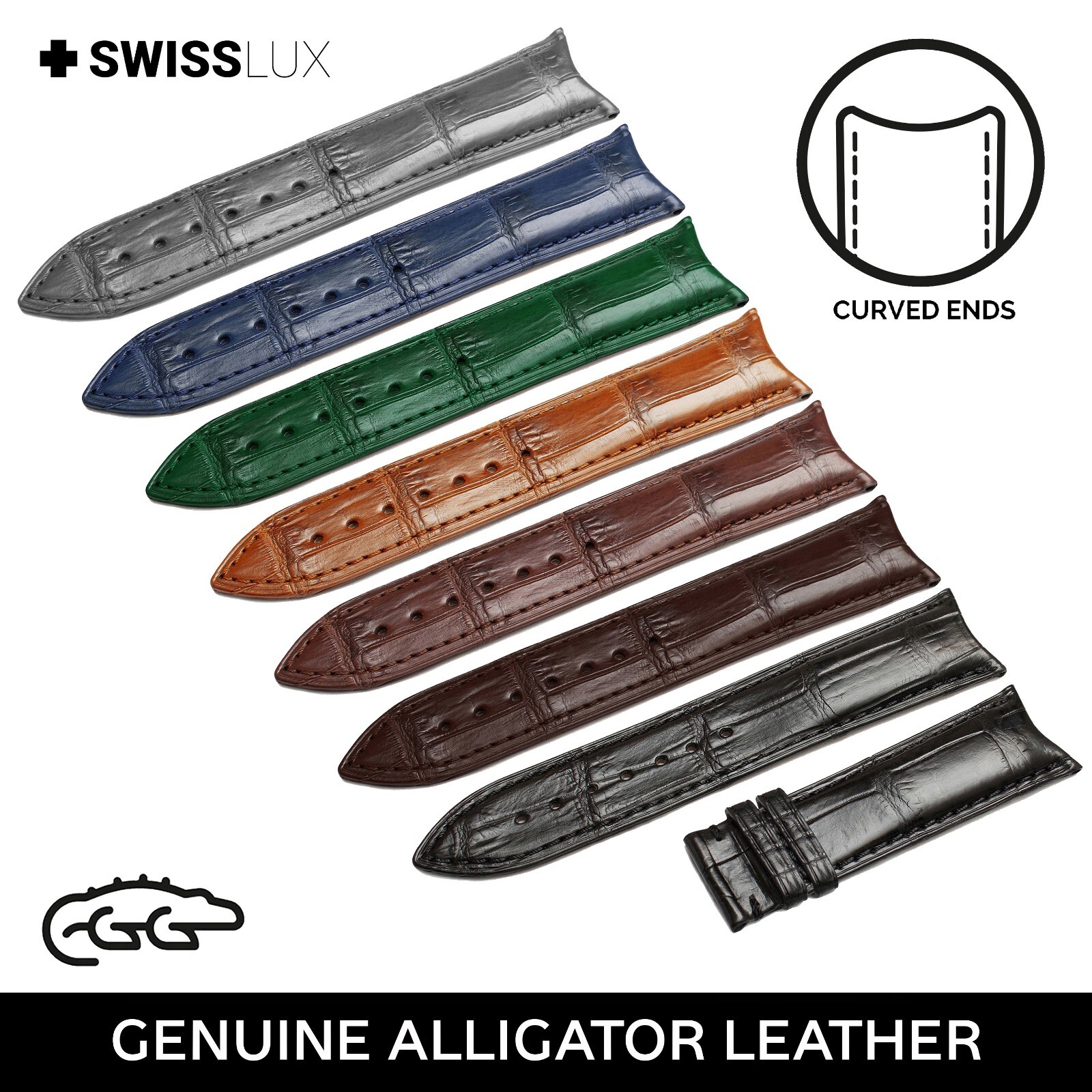 Alligator Curved Ends For GRAND SEIKO Watch Crocodile Leather Strap Band Clasp