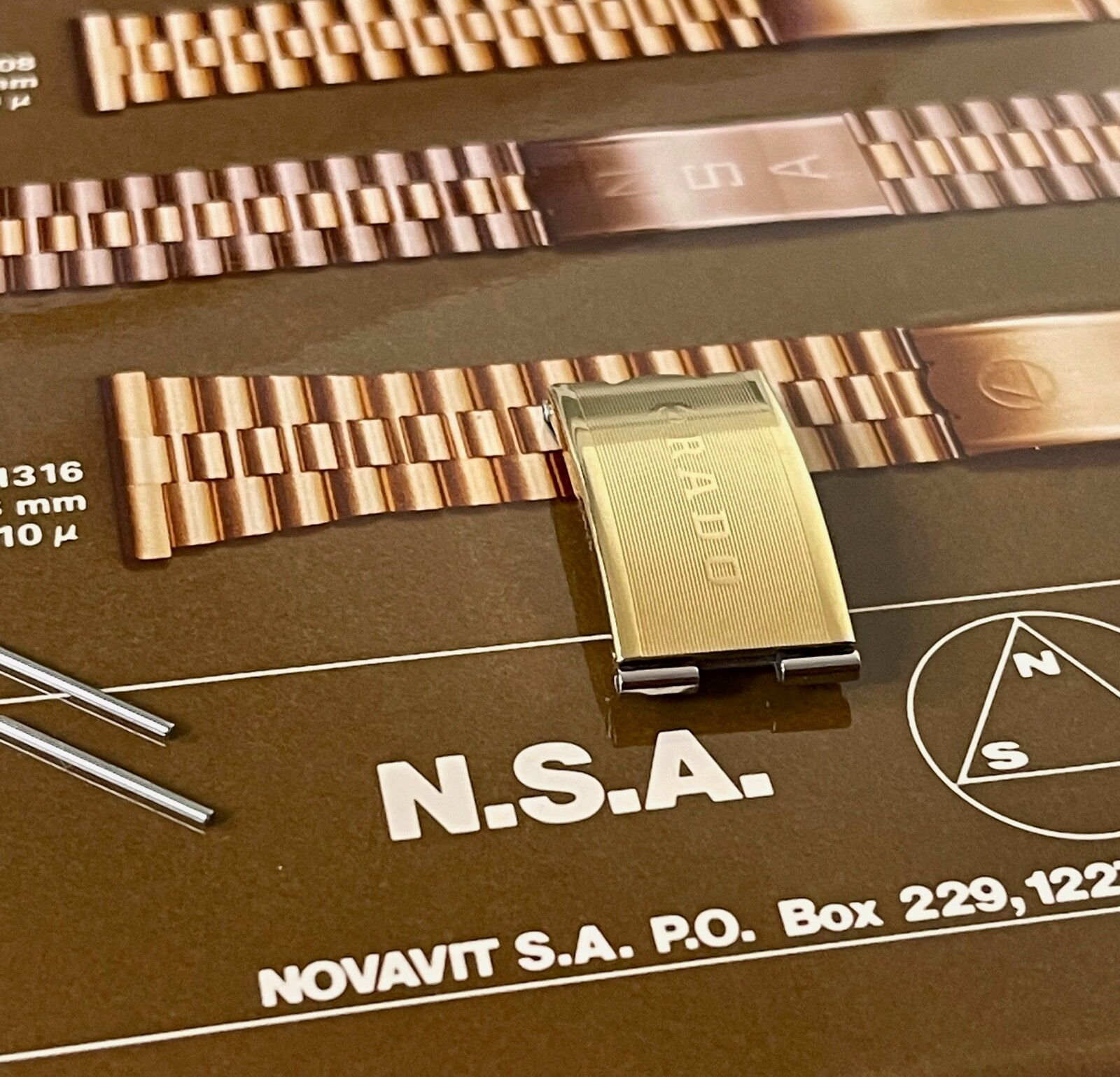 Vintage 3-row Rado NSA watch bracelet complete NOS clasp yellow gold plate Swiss