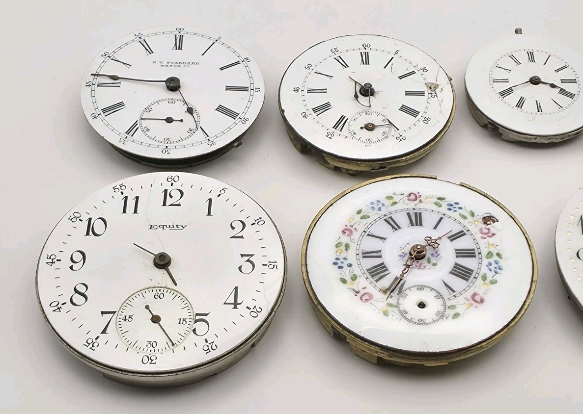 Vtg Lot Of 7 Mechanical Pocket Watch Movements For Parts Or Repair Equity Bijou