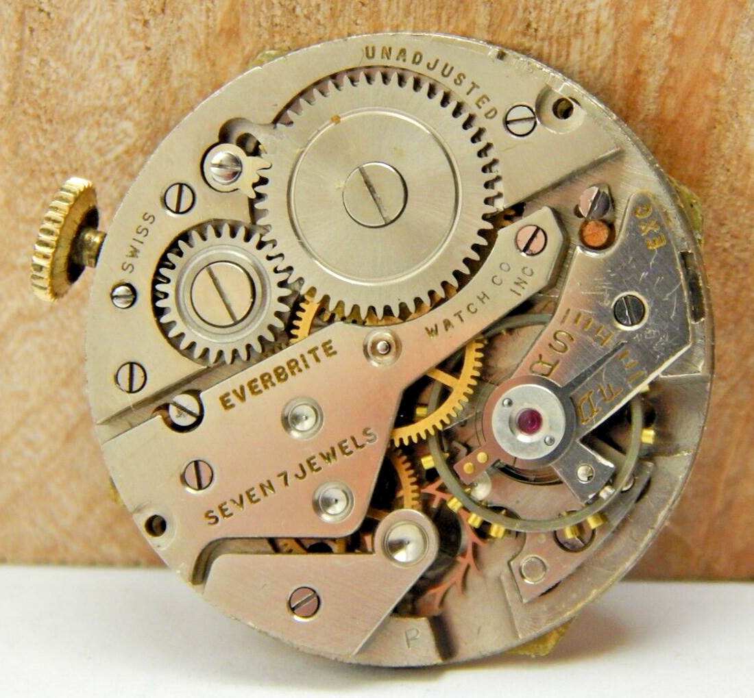 Vintage Everbrite 17 jewel Crosby men’s wrist watch movement with dial and hands