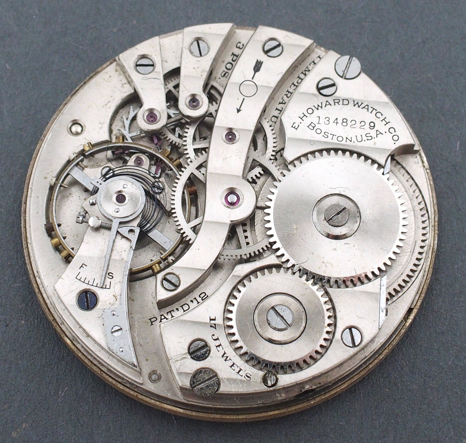 E. Howard 12s 17J OF Series 7 Pocket Watch Movement for Parts Repairs #F379