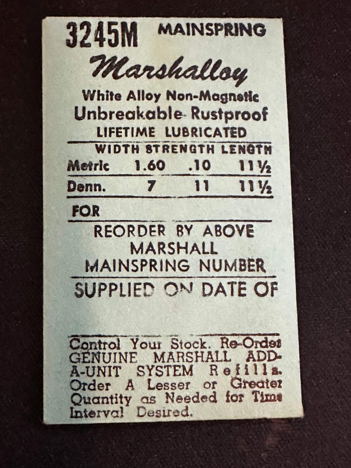C&E Marshall Marshalloy Mainspring 3245M for General 80, 800C, AS 1123 to 1294 –