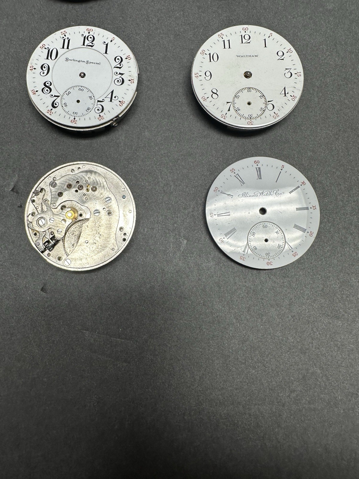 Lot of 11 Pocket Watch Movements Illinois Burlington Waltham Elgin + 2 Dials