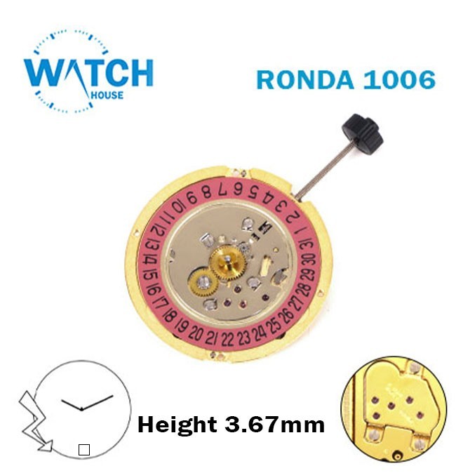 RONDA 1006 Swiss Quartz Watch Movement-H:3.67MM- Pink Disk At 6-2 Hands.