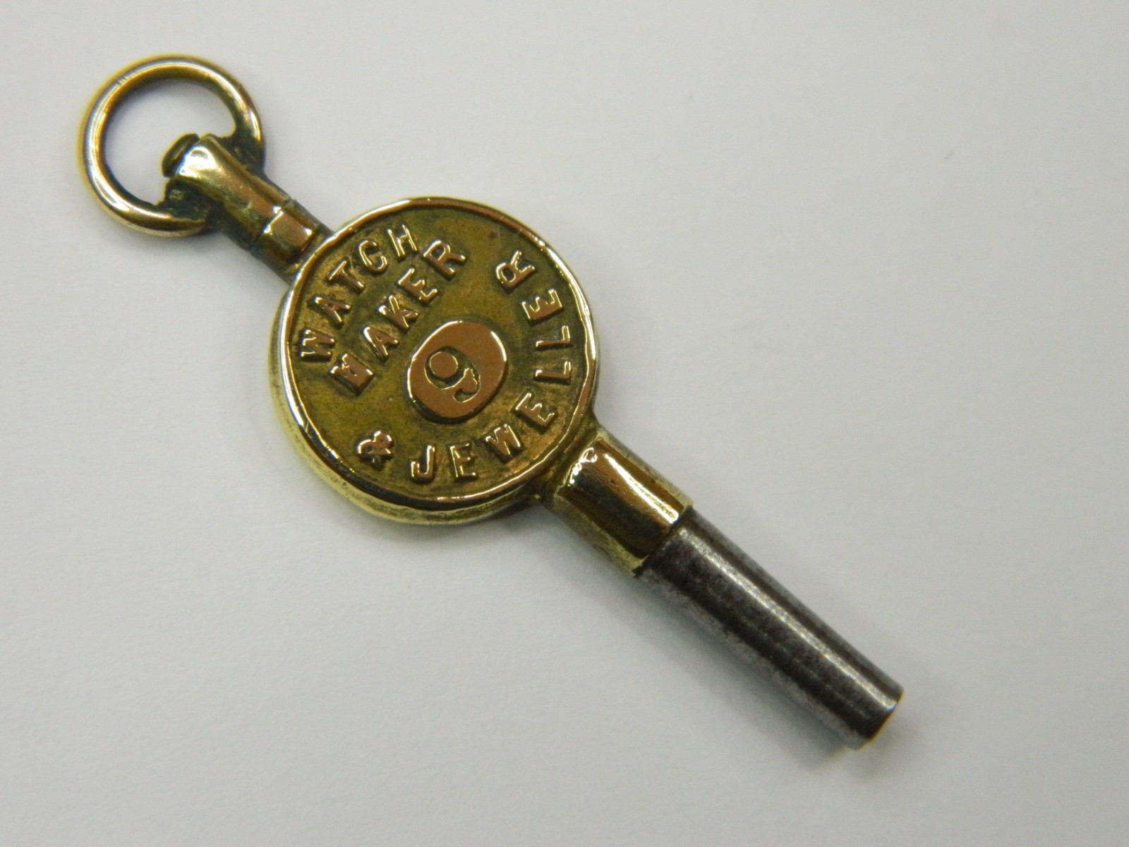 FINE ANTIQUE 1880 VICTORIAN ENGLISH ADVERTISING #9 GILT STEEL POCKET WATCH KEY