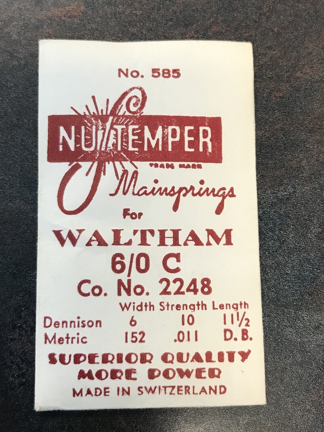 NuTemper Mainspring #585 for Waltham 6/0s “C” Factory No. 2248 – Steel
