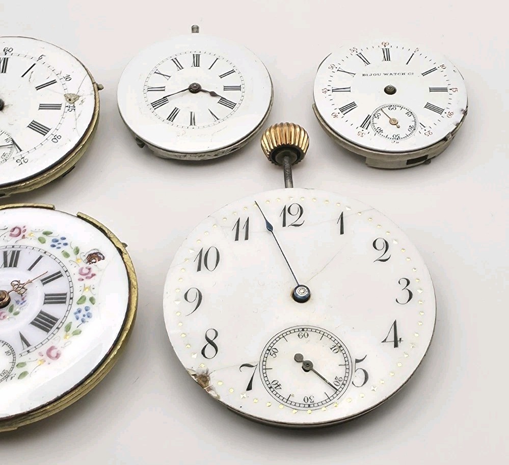 Vtg Lot Of 7 Mechanical Pocket Watch Movements For Parts Or Repair Equity Bijou