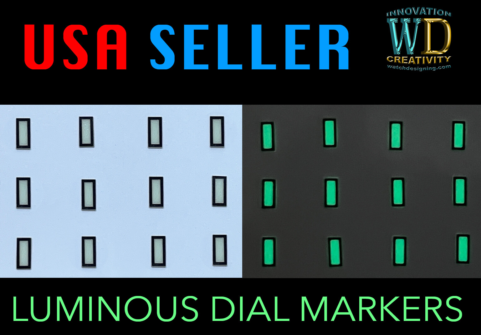 Watch Dial Hour Markers 12 pieces Green Blue LUMINOUS Dots Rectangles indices