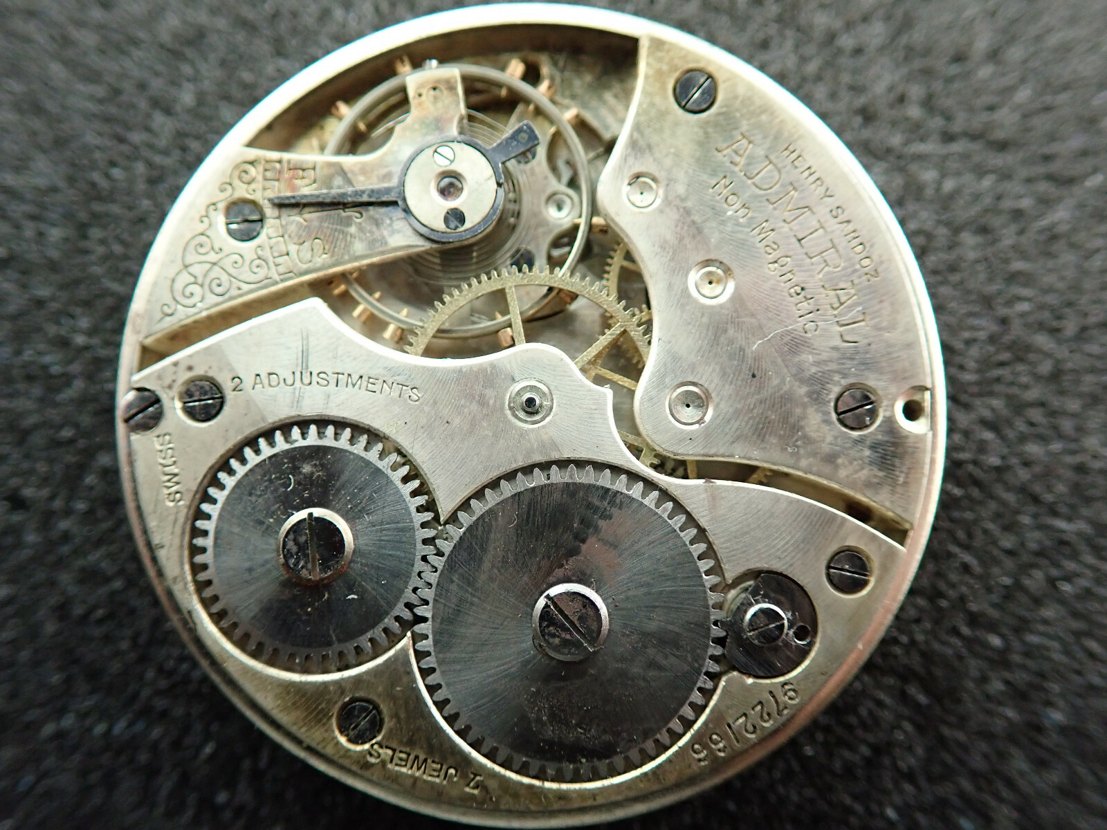 VINTAGE 12 SIZE HENRY SANDOZ ADMIRAL OPENFACE POCKET WATCH MOVEMENT -NOT RUNNING
