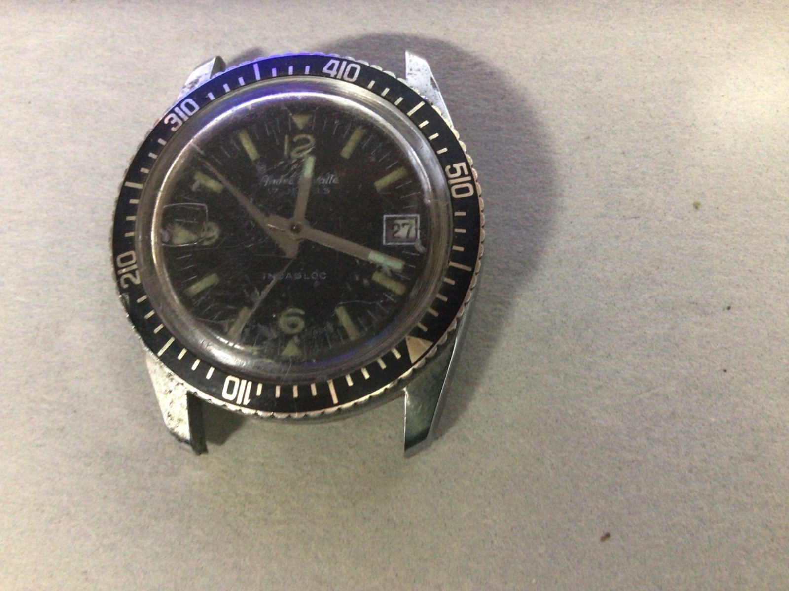 Vtg Watch ANDRE RIVALLE Incabloc 1960,s Scuba Diver Watch for Parts Not Working