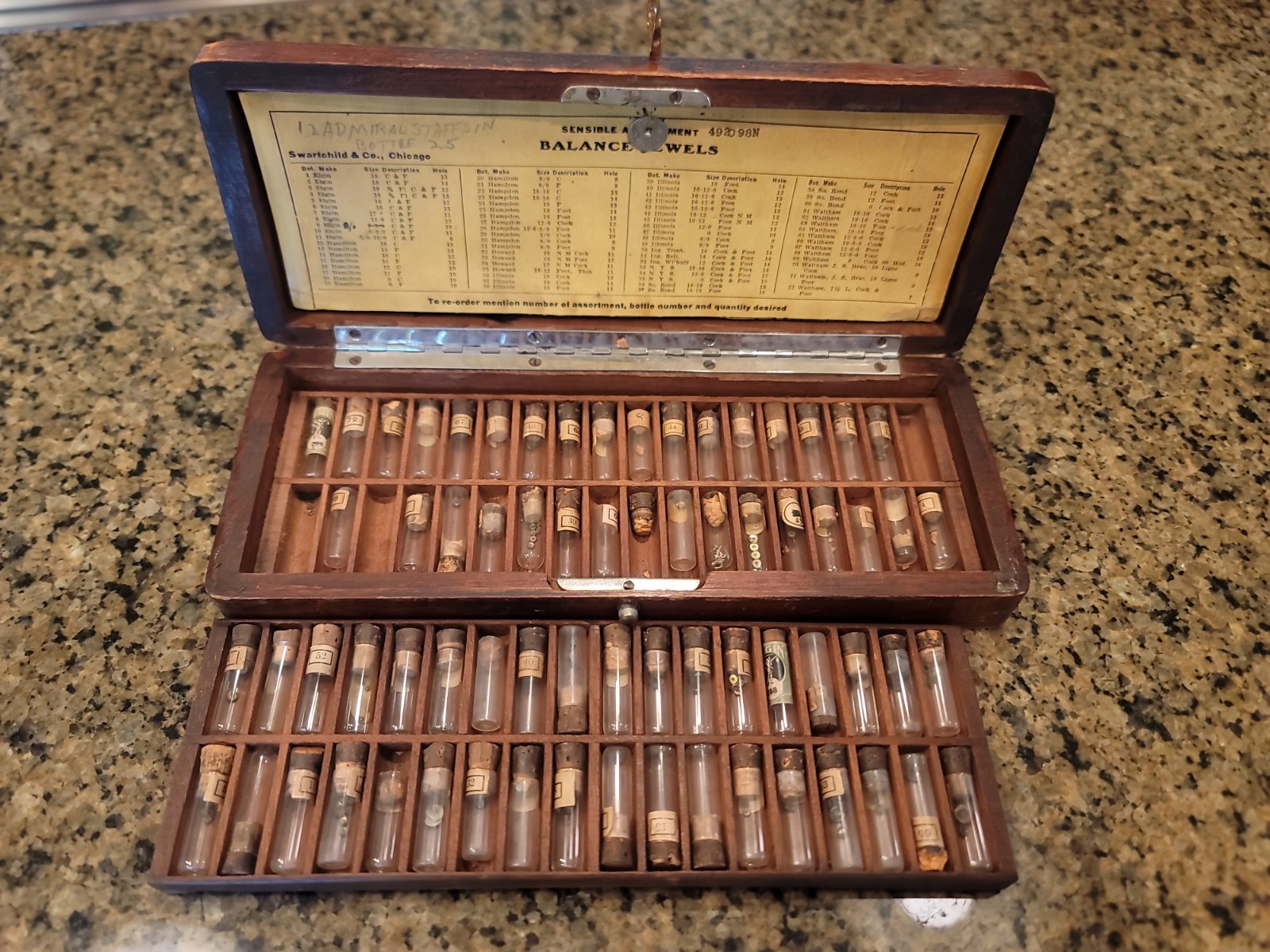 ANTIQUE SWARTCHILD & CO. WATCHMAKERS REPAIR WATCH SCREWS SET W 136 VIALS & BOX