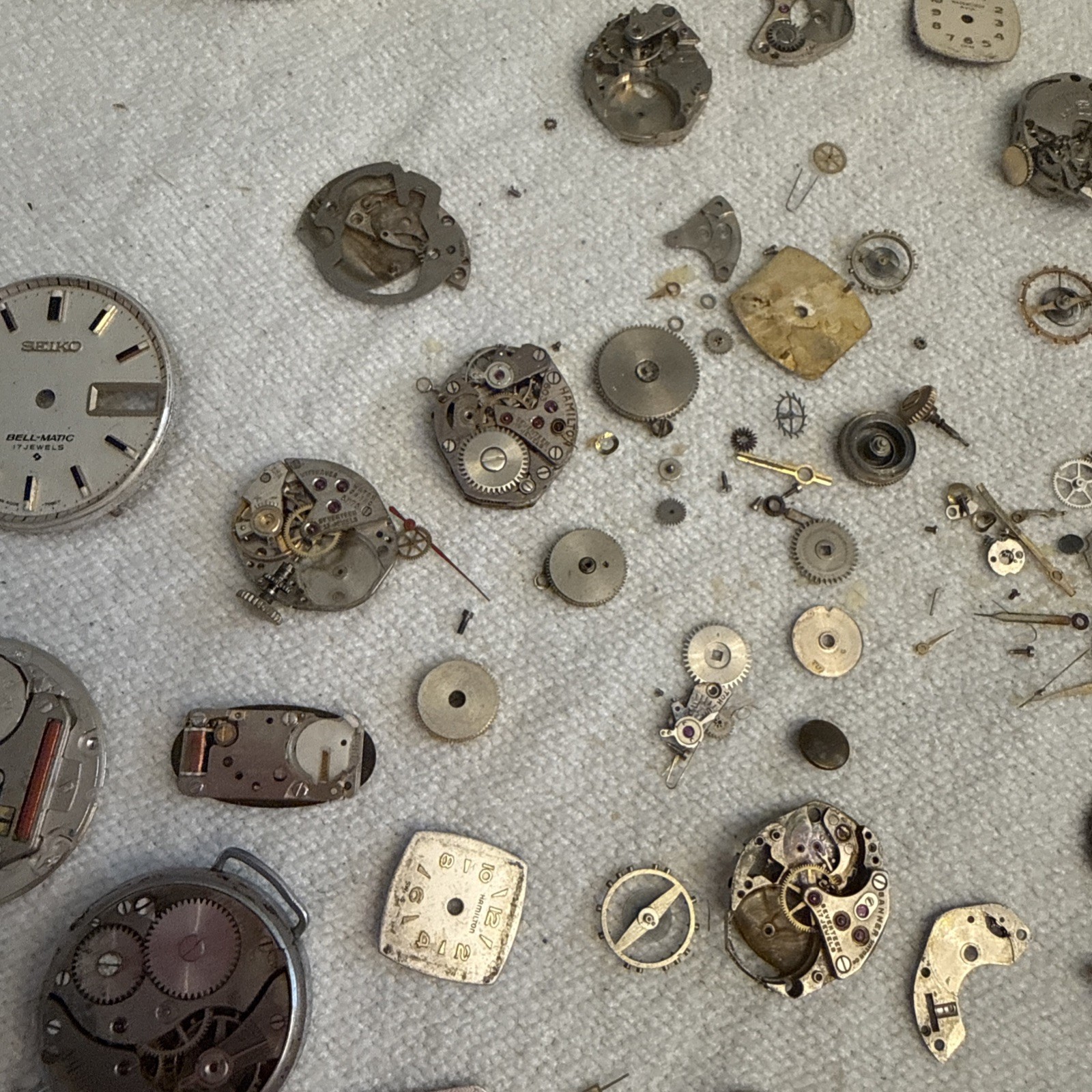 Vintage Watchmaker Repair Lot- Mixed Movements, Dials, Gears