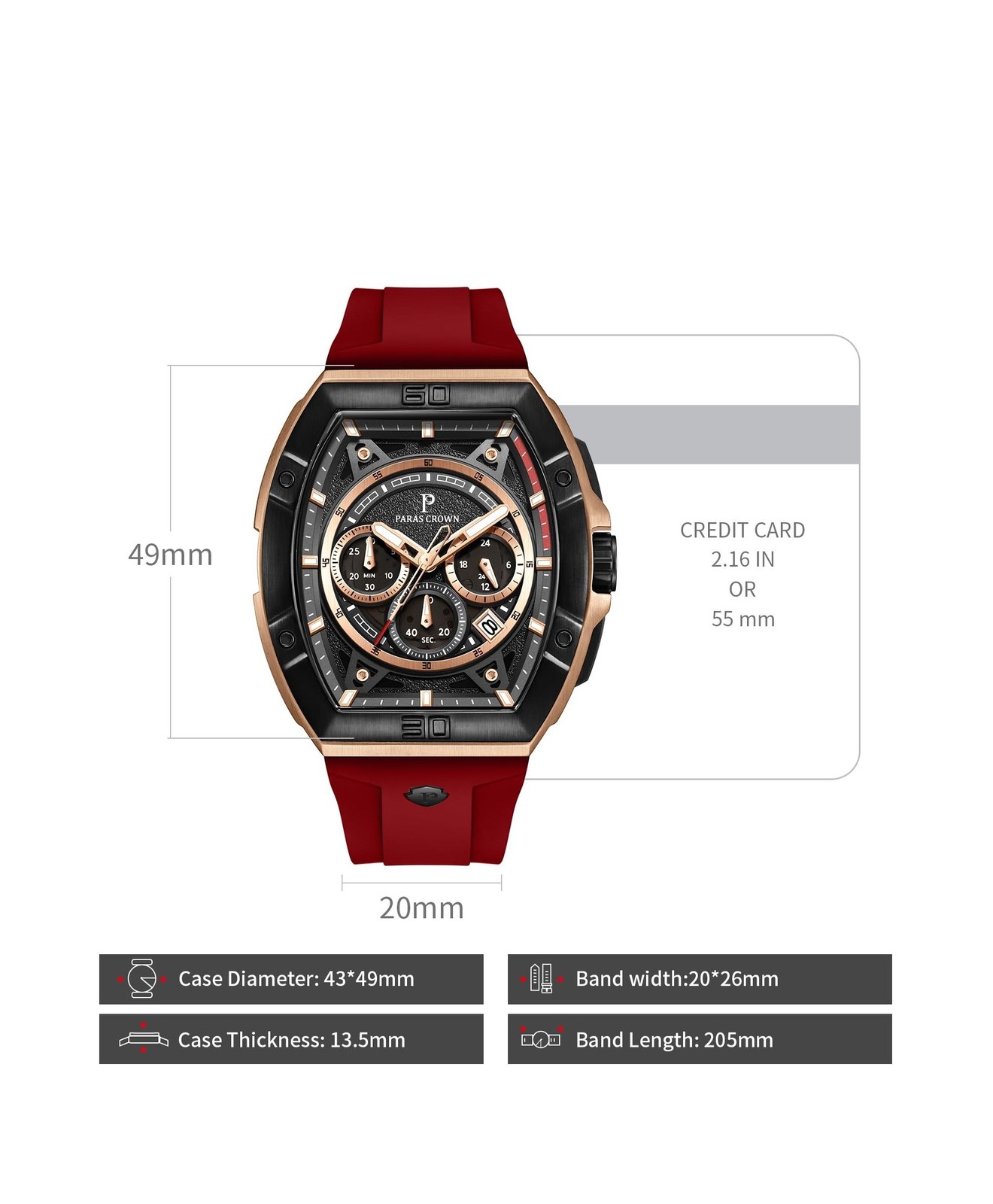 Paras Crown Watches for Men Tonneau 5ATM Waterproof Quartz Luxury Chronograph…