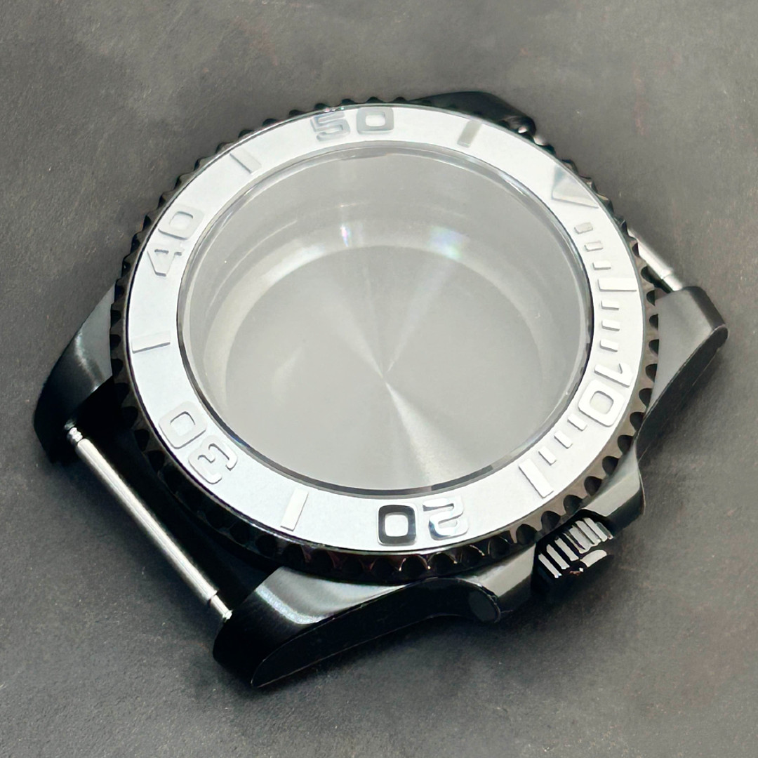 40mm Silver Bezel Black Steel 20ATM Ceramic Watch Case PVD Mod Fit NH35 NH36 SKX