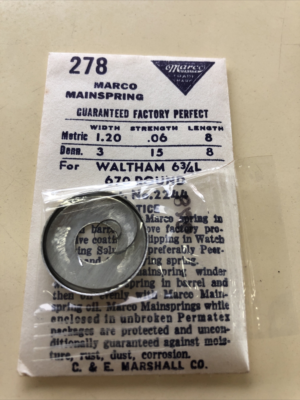 Waltham 3-15-8 Mainspring New Unused Stock Free Postage.