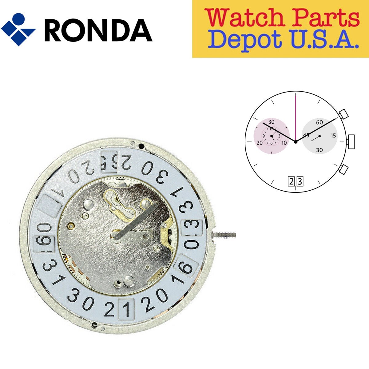 Ronda 5020.B Quartz Chronograph Movement, 3 Hand, Date, 2 Eyes Multiple Variaton