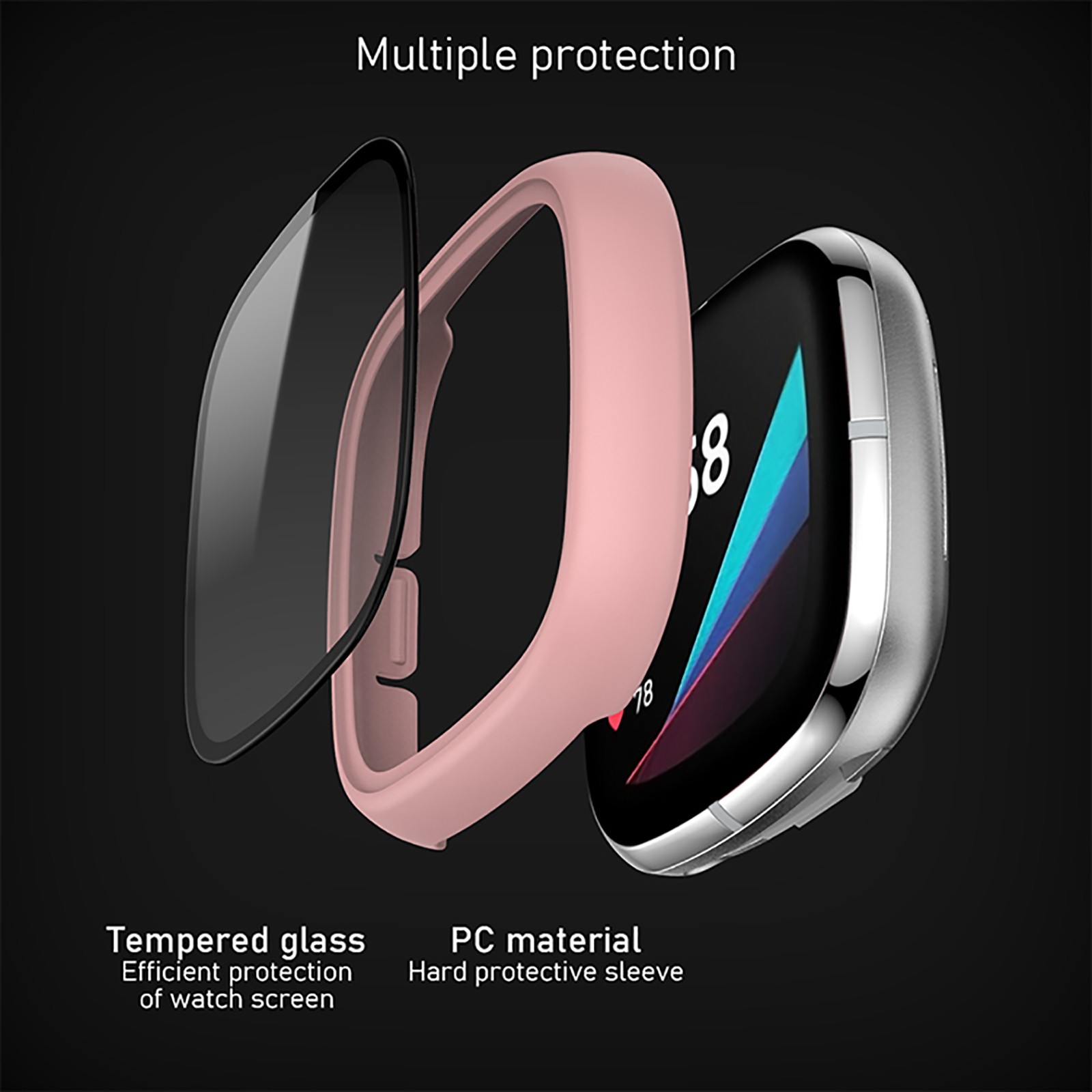 Watch Case PC+Tempered Film Case Protective Case for Fitbit Versa 3/Sense