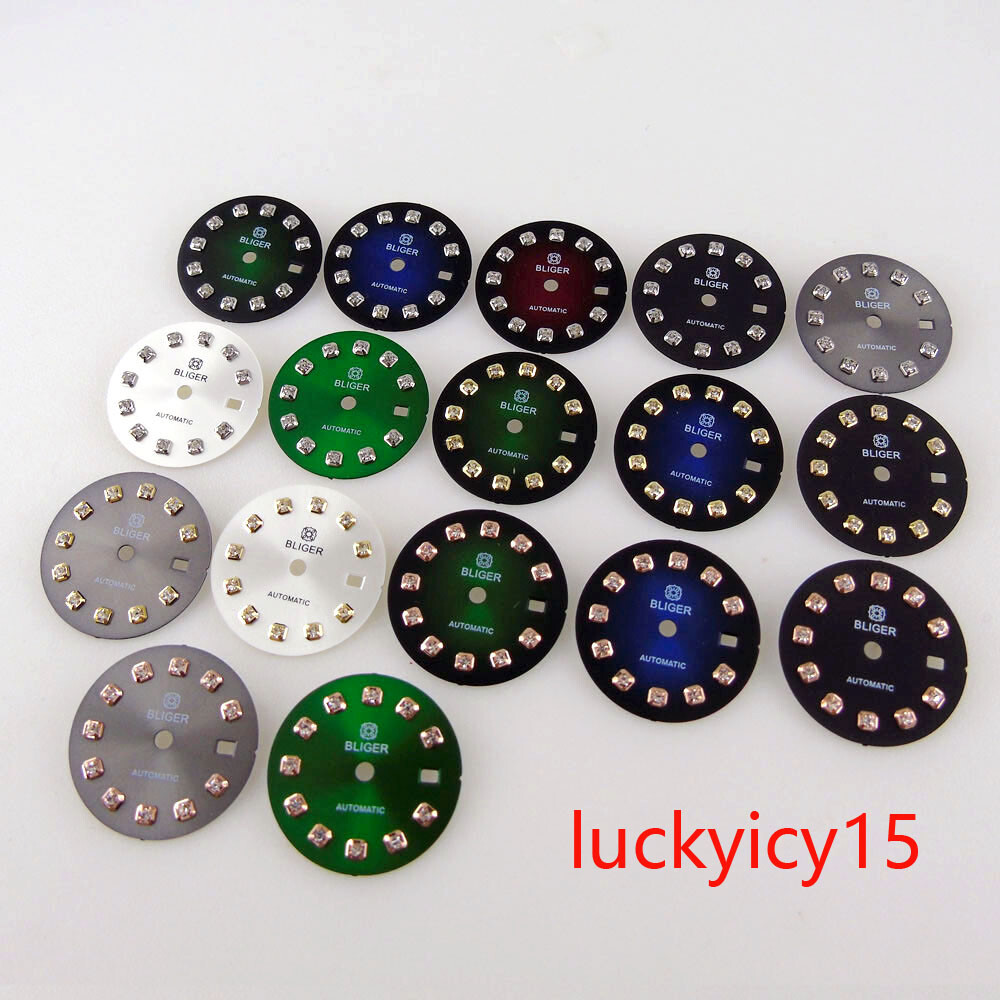 Bliger 20.5MM Blue Green Black Watch Dial Luminous Silver Diamond Index Fit NH05