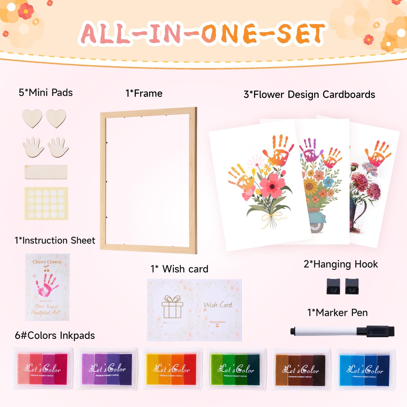 CHERRY CHEERS Flower Bouquet Handprint Art Kit, 3 Sheets, 6 Colors Inkpads