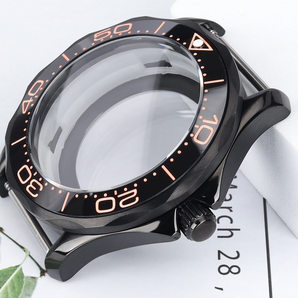 PVD Black Steel Pilot Watch Case 41mm Sapphire 10ATM For Seiko NH35 38 Movement
