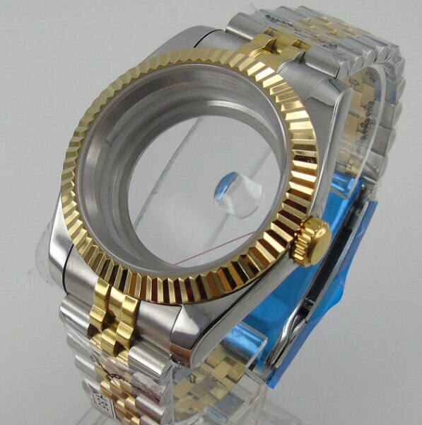 BLIGER 39MM Two Tone Gold Strap Watch Case Fluted Bezel fit NH35A NH36A PT5000