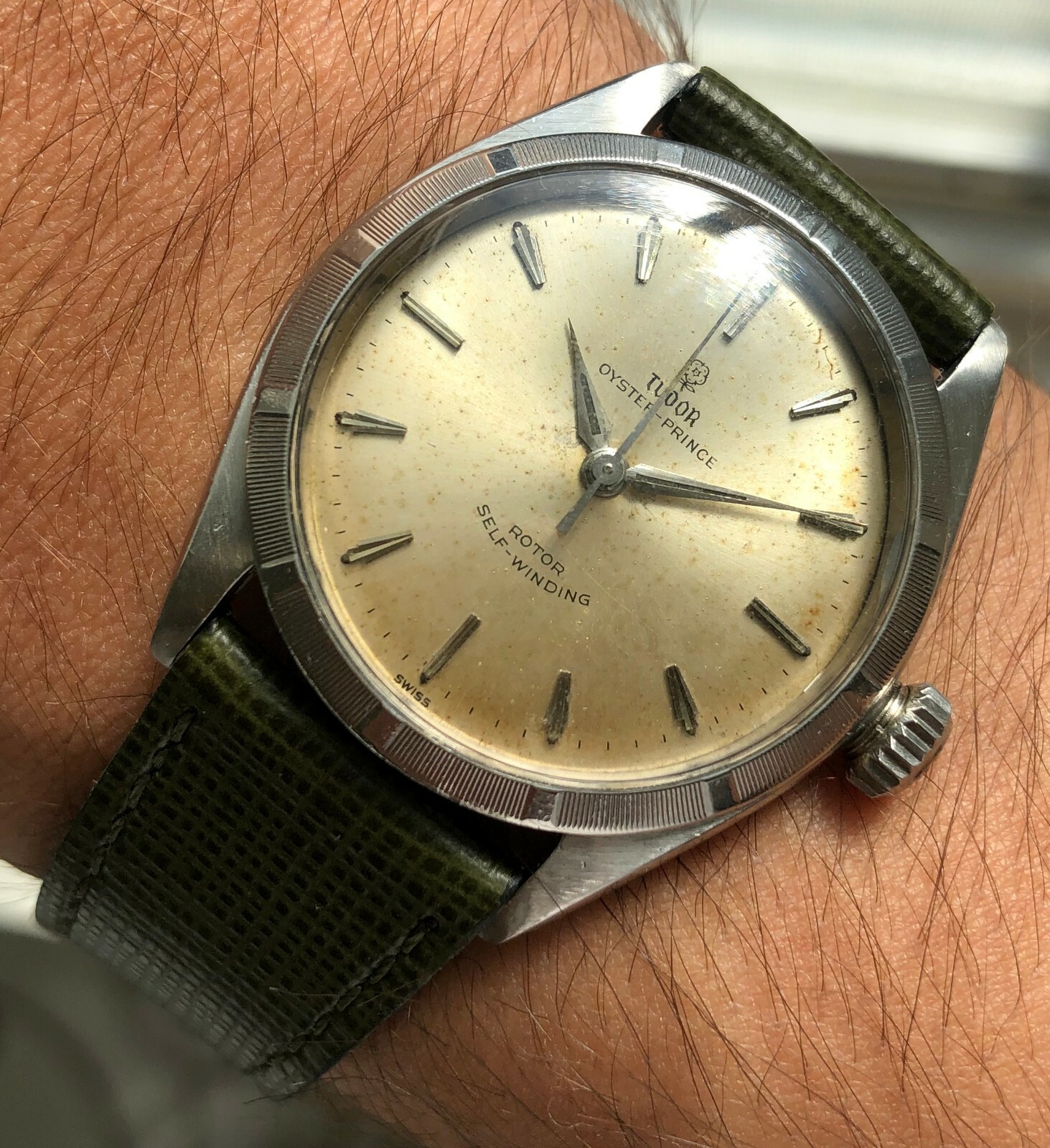 Vintage Tudor Oyster Prince 7965 Automatic Silver Rose Dial 18K Gold Bezel Watch