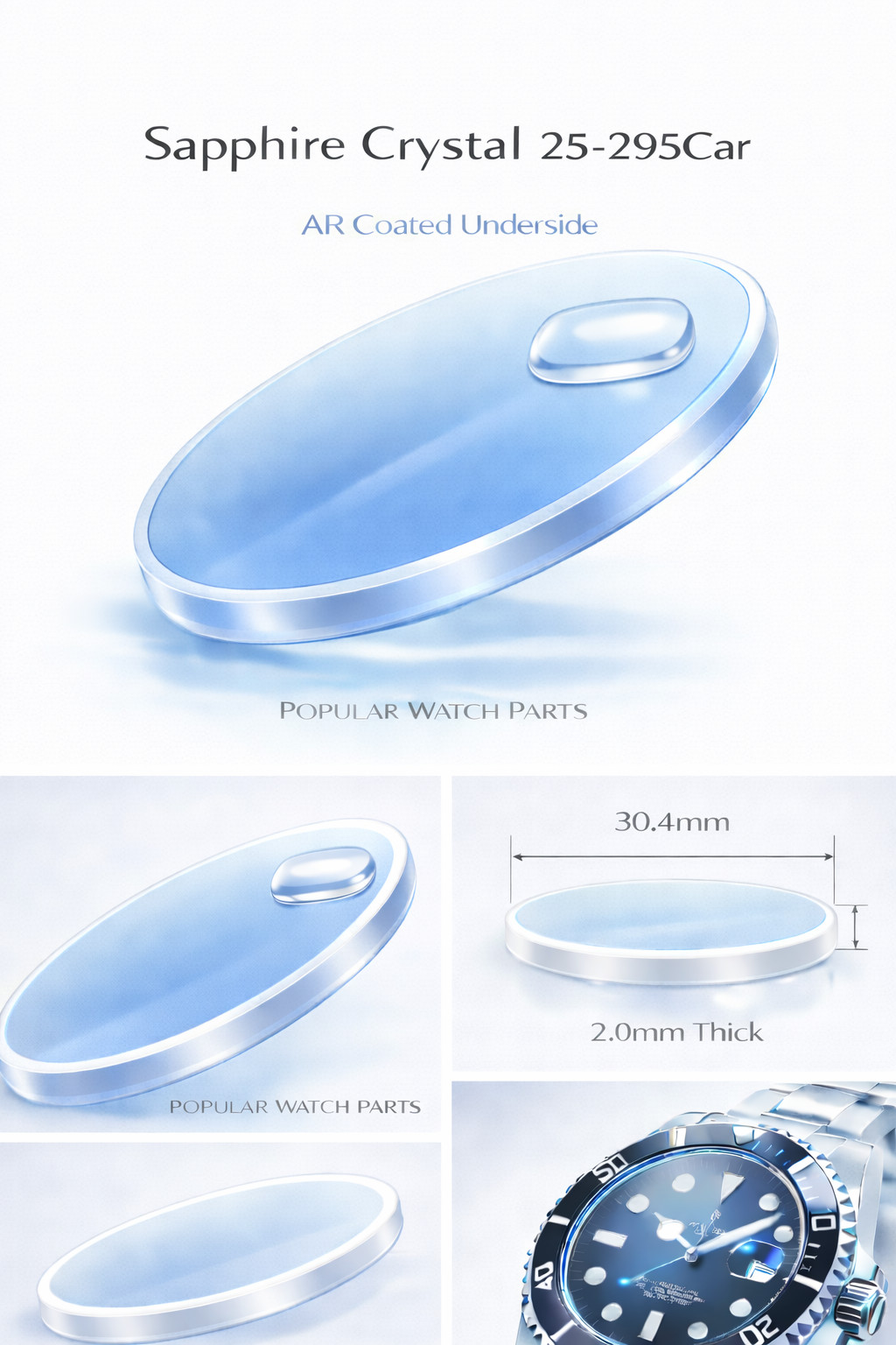 Sapphire 25-295Car Antireflective Glass to fit Rolex Submariner 16610, 16613 etc